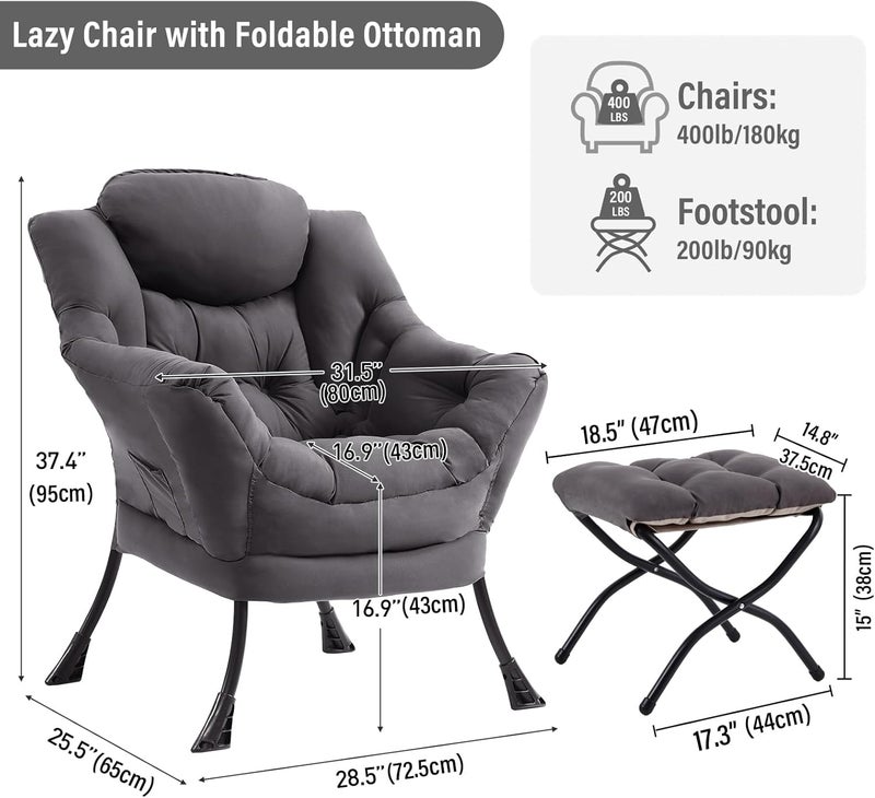 Furlide Lazy Chair with Ottoman, Modern Chair with Folding Footrest, Lounge Accent Chair, Comfortable Reading Chair, Oversized Armchairs for Bedroom, Study, Living Room, Courtyard (Dark Grey) - Image 2